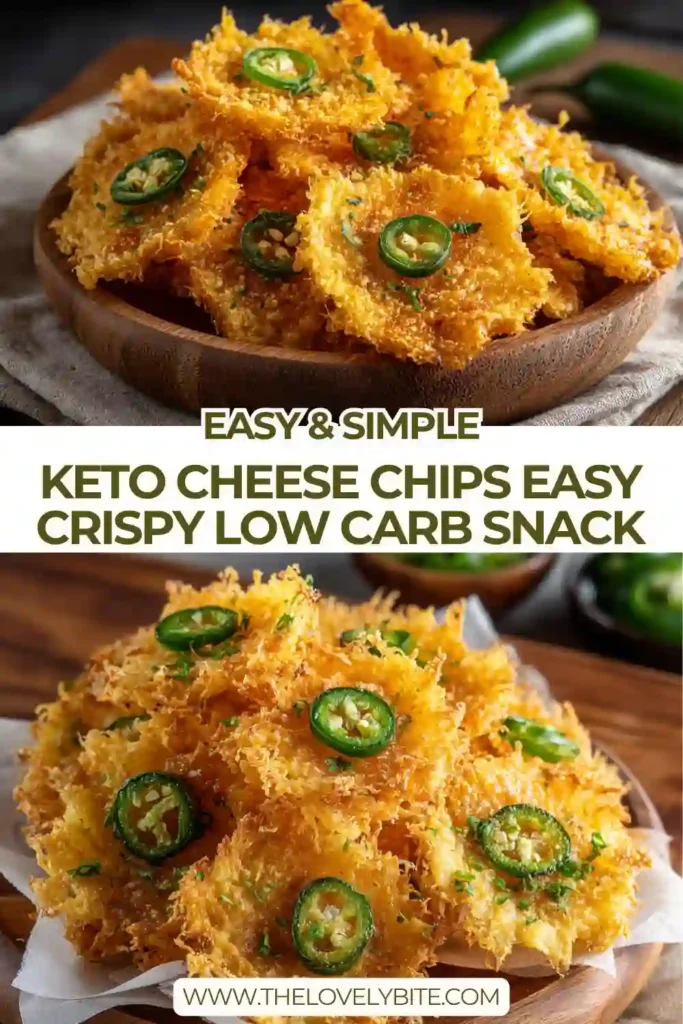 Close-up of crunchy low carb cheese chips with melted edges and spicy jalapeno topping.