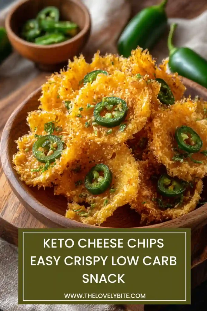 Freshly baked parmesan cheese chips with jalapenos, perfect keto snack with crunchy finish.