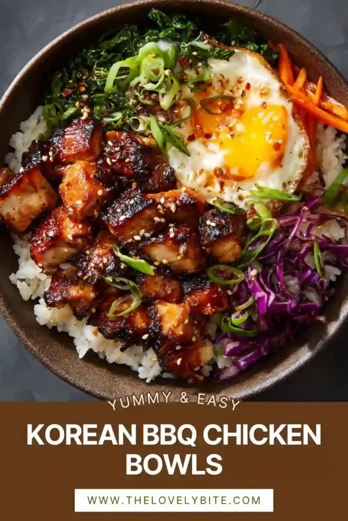 A bowl of Korean BBQ Chicken Bowls topped with caramelized gochujang chicken, cucumber, carrots, edamame, sesame seeds, and green onions over steamed rice. This colorful weeknight dinner is fresh, flavorful, and easy to prepare.
