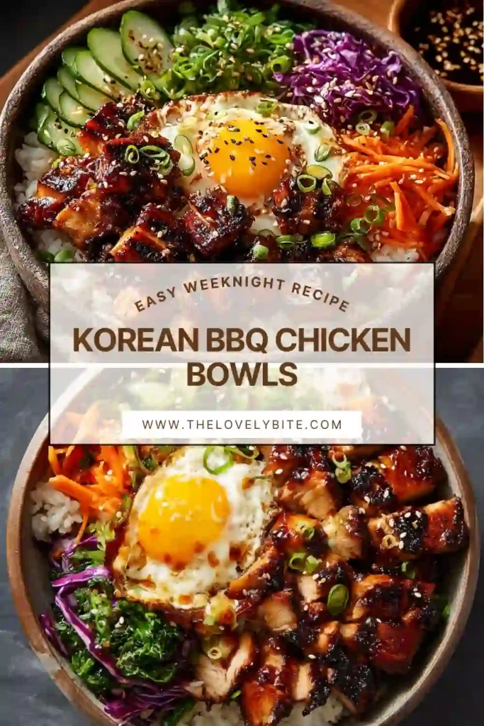 Close-up of spicy Korean BBQ chicken served over fluffy rice with crisp cucumbers, shredded carrots, edamame, and kimchi. These easy Korean chicken bowls are perfect for meal prep and quick dinners.