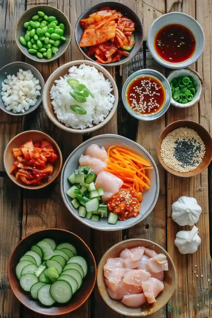 Flavor-packed Korean BBQ Chicken Bowls featuring tender chicken thighs in a gochujang marinade with rice and colorful vegetables. A simple Korean-inspired dinner recipe for the whole family.