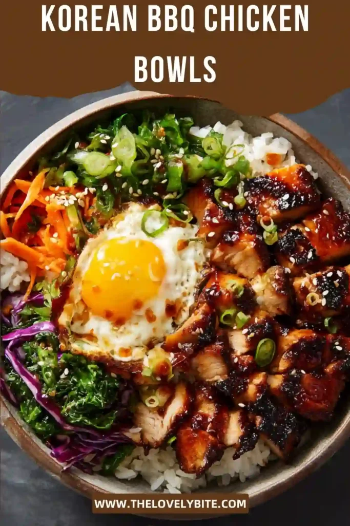 Homemade Korean BBQ Chicken Bowls filled with sweet and spicy chicken, fresh vegetables, and sesame garnish. This healthy chicken rice bowl recipe is ideal for busy weeknights.