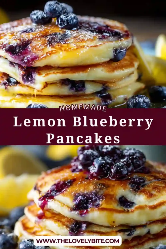 Homemade Lemon Blueberry Pancakes served warm with maple syrup and fresh lemon slices. These fluffy blueberry pancakes are bright, buttery, and perfect for brunch.