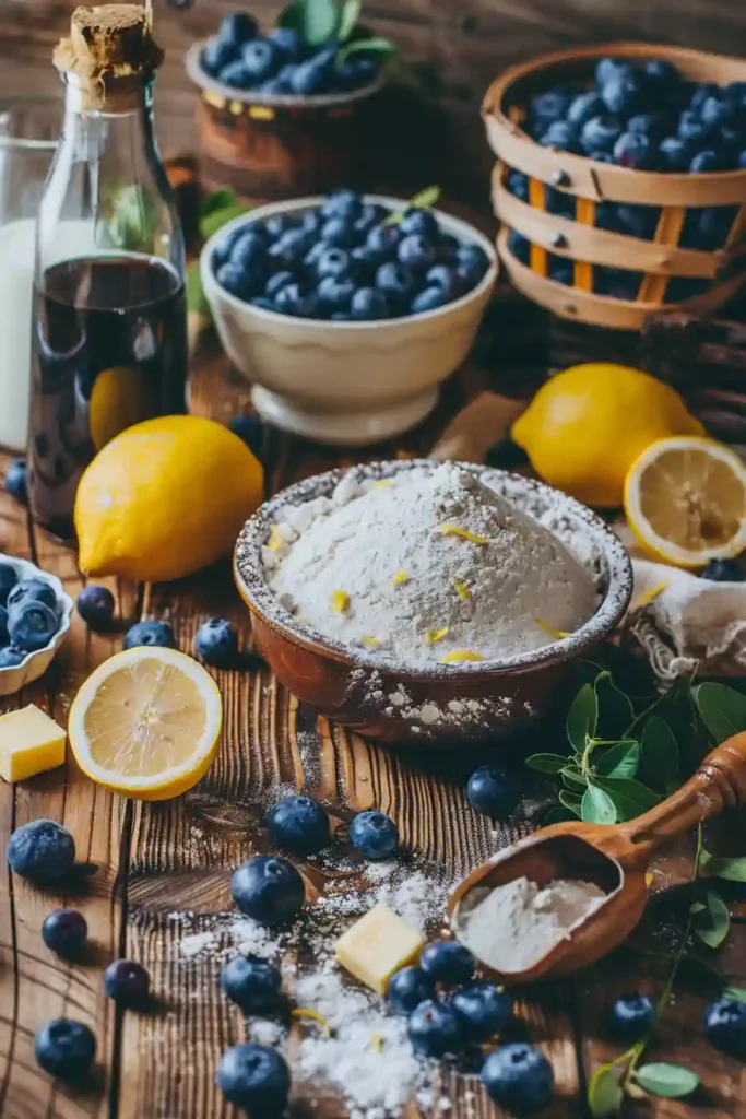 A stack of fluffy Lemon Blueberry Pancakes topped with fresh blueberries, butter, and maple syrup on a breakfast plate. The pancakes are golden brown with visible lemon zest and juicy berries throughout.