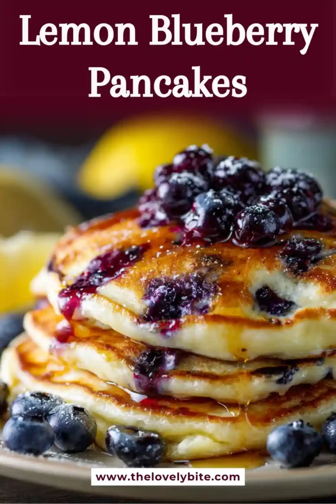 Fresh Lemon Blueberry Pancakes stacked high with syrup dripping over the sides and blueberries scattered on top. The pancakes have a soft texture and vibrant citrus flavor.