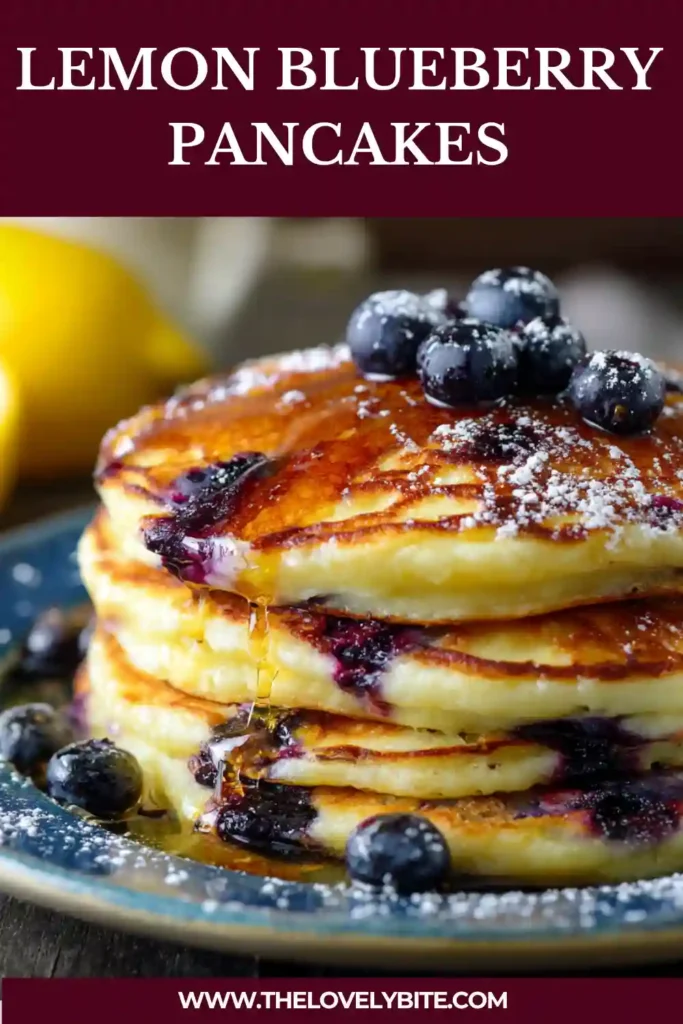 Golden Lemon Blueberry Pancakes cooked until fluffy and filled with fresh blueberries and lemon zest. A delicious homemade breakfast recipe served with butter and syrup.