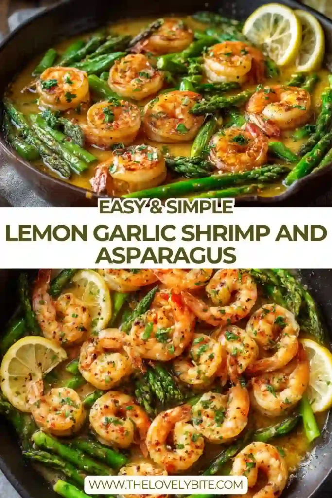 A skillet filled with Lemon Garlic Shrimp and Asparagus cooked in a buttery lemon garlic sauce with fresh basil. The shrimp are tender and juicy with vibrant green asparagus.
