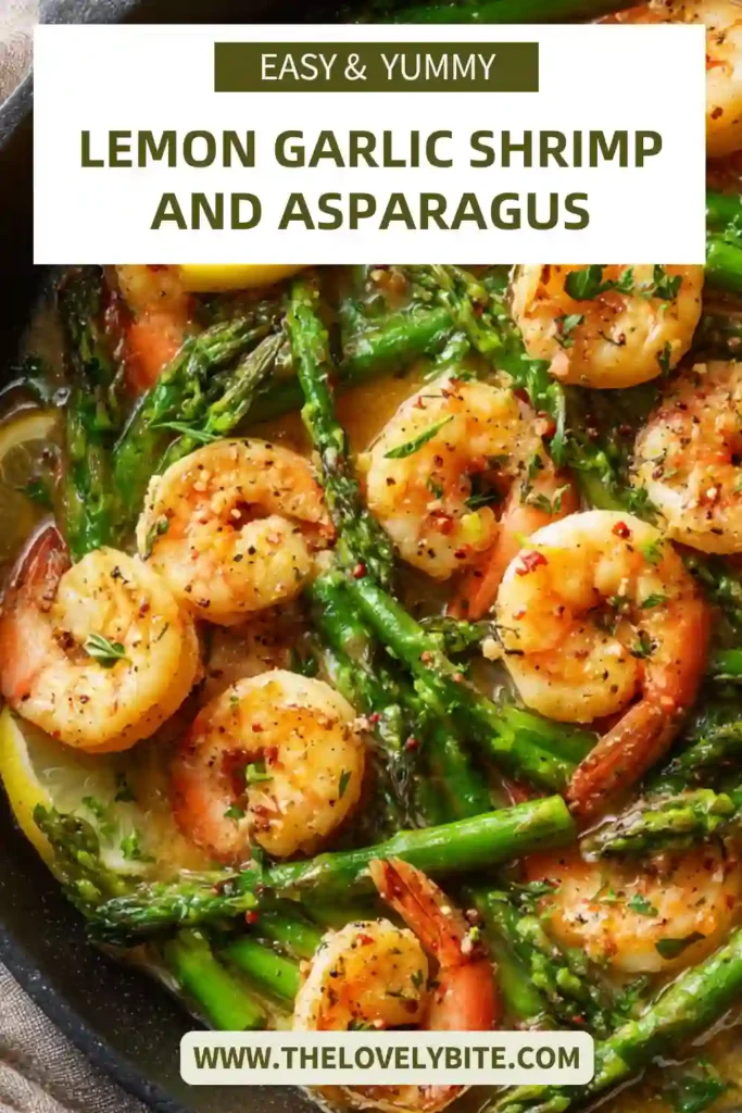 Fresh Lemon Garlic Shrimp and Asparagus served warm in a sauté pan with bright lemon slices and herbs. This easy seafood dinner looks light, flavorful, and colorful.
