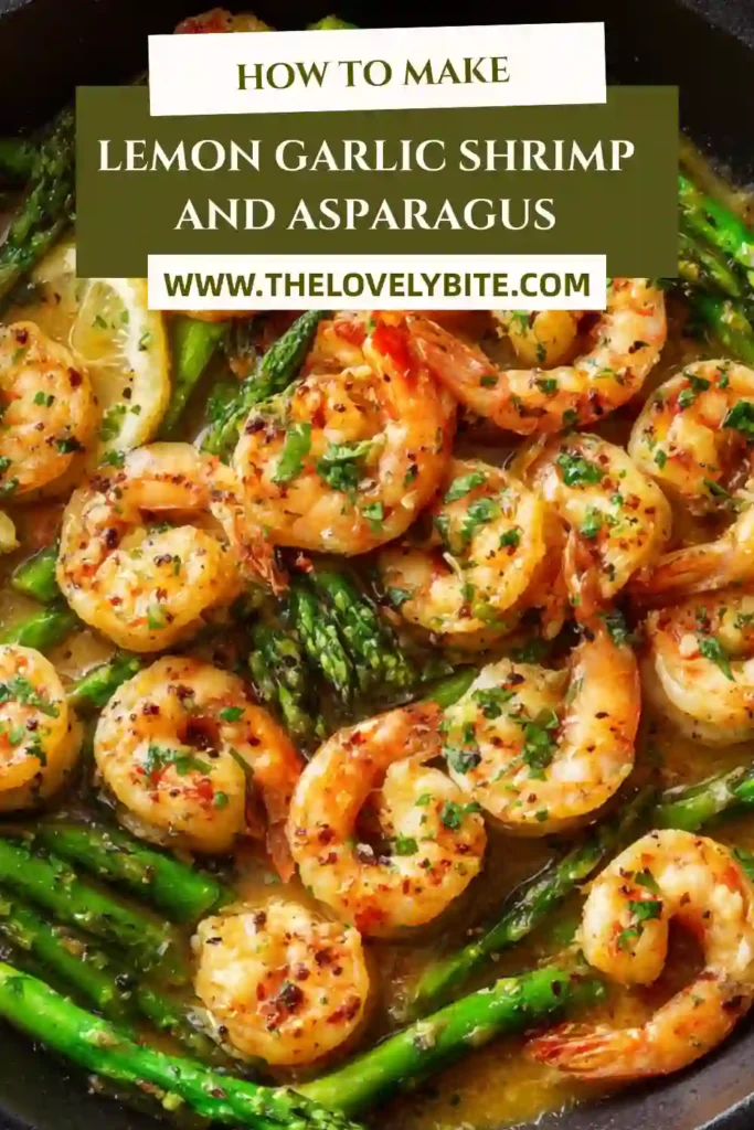 Close-up of garlic butter shrimp and asparagus cooked together in a one-pan skillet recipe. The lemon sauce gives the dish a fresh and glossy finish.
