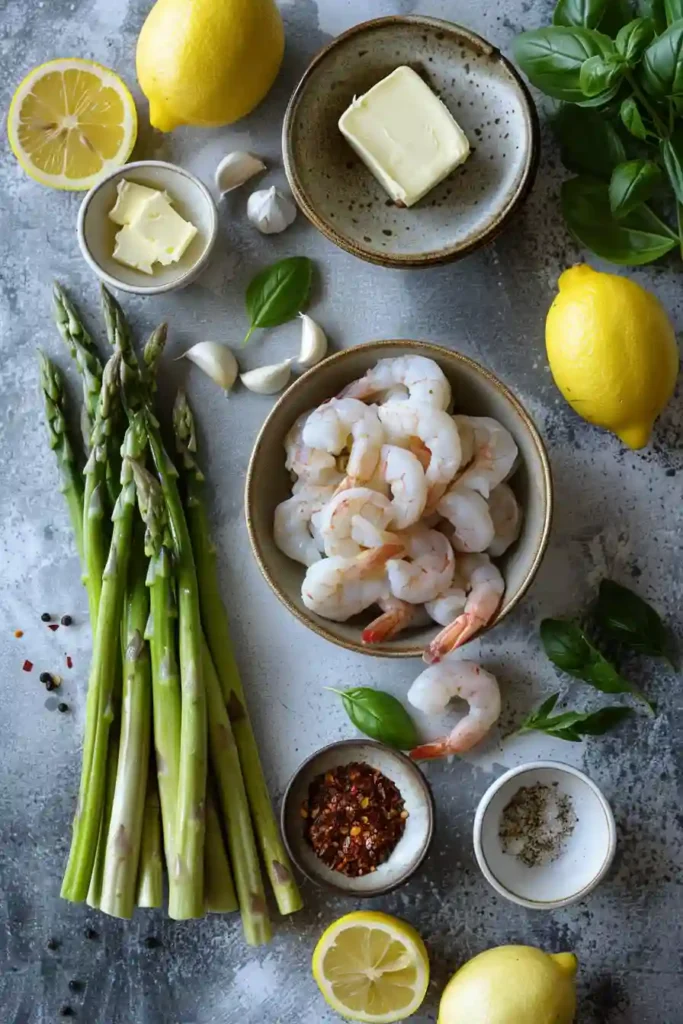 Healthy Lemon Garlic Shrimp and Asparagus dinner featuring succulent shrimp, chopped asparagus, and fresh basil in a savory garlic butter sauce.