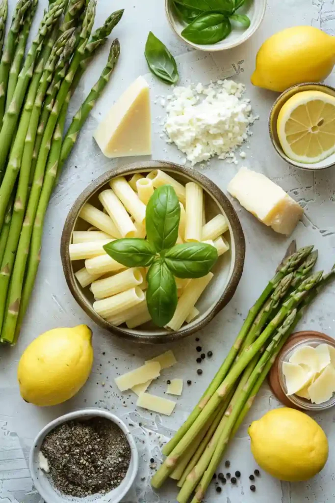 Fresh Lemon Ricotta Asparagus Pasta Salad in a serving bowl with tender asparagus and Parmesan cheese. This light vegetarian pasta salad is ideal for spring and summer meals.