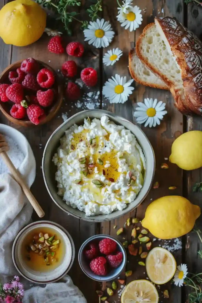 Lemon Ricotta Raspberry Toast served on toasted sourdough bread with fresh raspberries, lemon zest, pistachios, and honey drizzle. This vibrant breakfast toast looks fresh, creamy, and colorful.