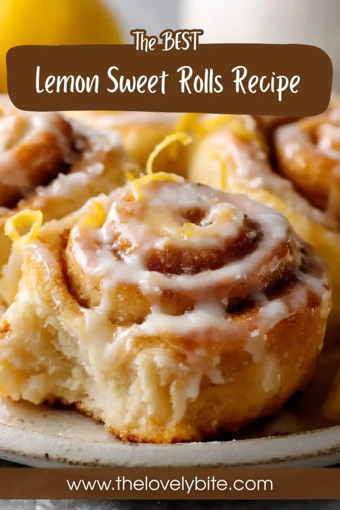 Close-up of fluffy Lemon Sweet Rolls with creamy lemon frosting and swirls of lemon curd. These homemade sweet rolls are soft, buttery, and perfect for brunch.