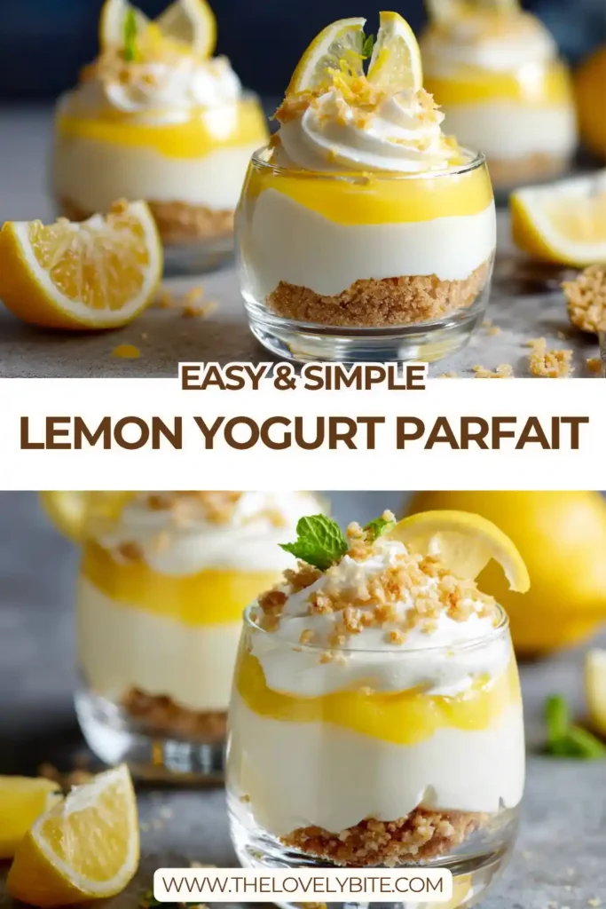 A Lemon Yogurt Parfait served in a glass dessert cup with layers of vanilla Greek yogurt, lemon curd, and crunchy granola. Topped with fluffy whipped topping and a fresh lemon slice garnish.