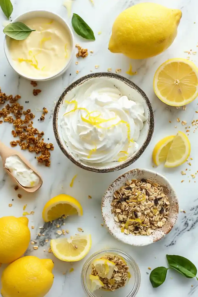 A layered Lemon Yogurt Parfait featuring Greek yogurt, crunchy granola, and tangy lemon curd. This quick dessert is perfect for brunches, parties, or summer treats.