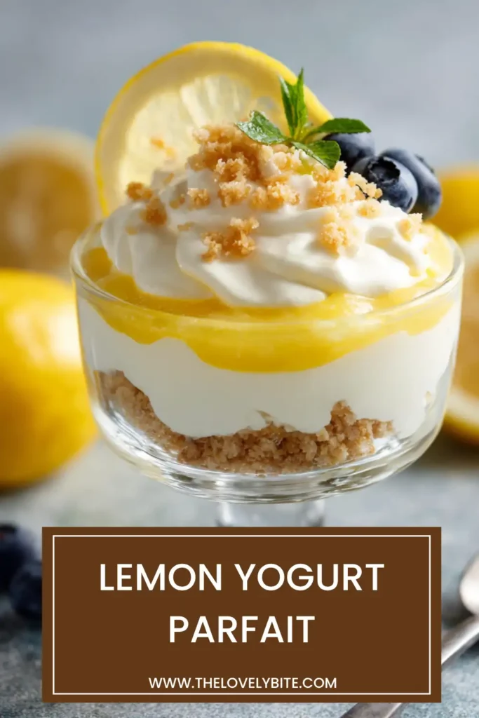 Close-up of a creamy Lemon Yogurt Parfait layered with lemon curd and vanilla-almond granola. This easy no bake dessert is bright, refreshing, and beautifully presented.