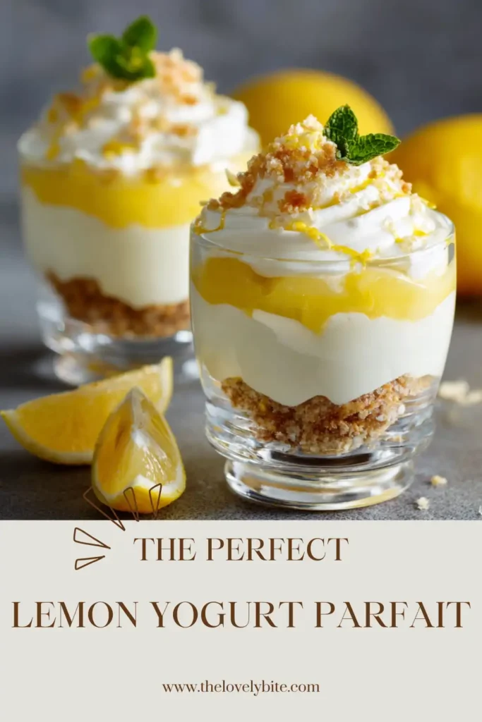 Elegant Lemon Yogurt Parfait with swirled whipped topping and fresh lemon garnish in a clear parfait glass. The layered yogurt dessert looks light, creamy, and refreshing.