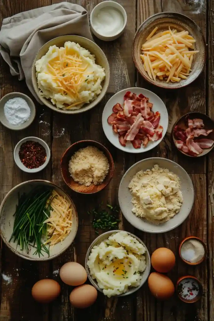 A plate of crispy Loaded Mashed Potato Bites served with creamy dipping sauce and topped with fresh chives. The golden potato bites are cheesy, crunchy, and perfect for appetizers.