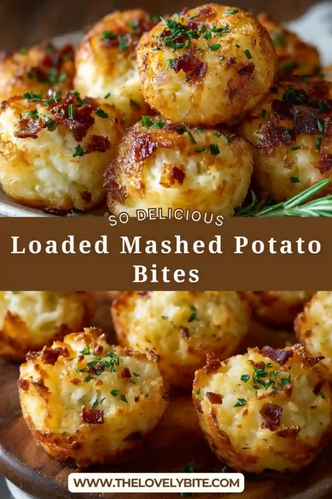 Close-up of Loaded Mashed Potato Bites with melted cheddar cheese and turkey bacon inside. These crispy potato appetizers are fried until golden brown.