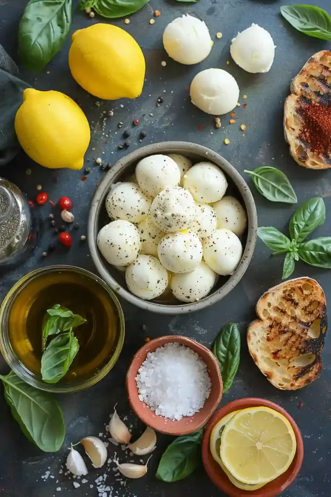 A bowl of Marinated Mozzarella Balls coated in olive oil, fresh basil, garlic, and lemon zest. This easy mozzarella appetizer is served with toasted crostini for a fresh Mediterranean-inspired snack.