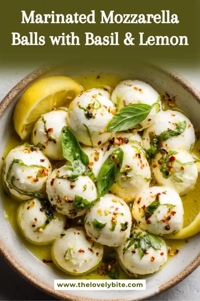 Close-up of Marinated Mozzarella Balls with chopped basil, garlic, and red pepper flakes in a glass serving bowl. This mozzarella balls recipe is light, fresh, and flavorful.