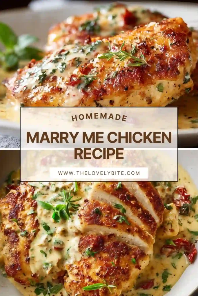Creamy Marry Me Chicken Recipe served in a skillet with Parmesan sauce, sun-dried tomatoes, and fresh basil. This easy chicken dinner looks rich, comforting, and perfect for a family meal.