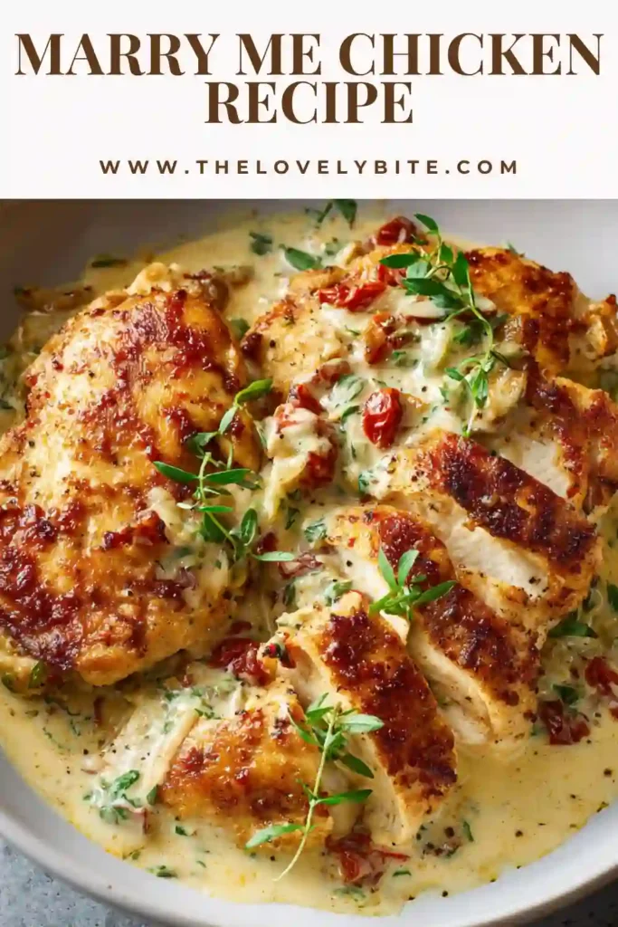 Close-up of creamy Marry Me Chicken with golden chicken breasts in a rich Parmesan cream sauce. Fresh basil and sun-dried tomatoes add vibrant flavor and color.