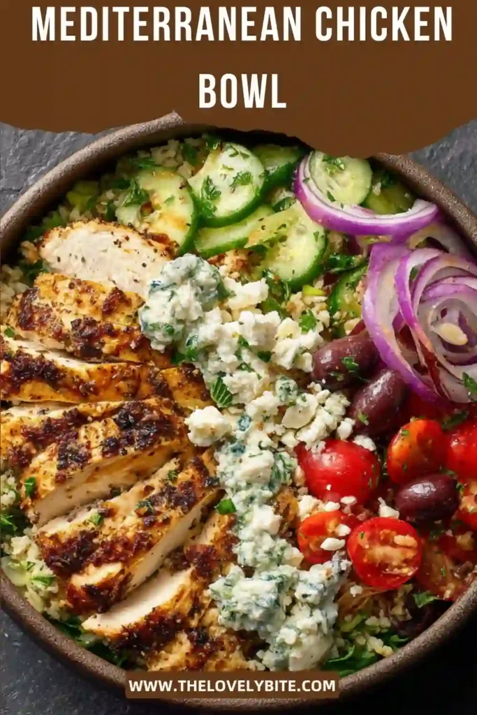 Healthy Mediterranean Chicken Bowl topped with juicy seasoned chicken, fresh vegetables, feta, olives, and tzatziki sauce. This easy chicken couscous bowl is vibrant and packed with Mediterranean flavor.