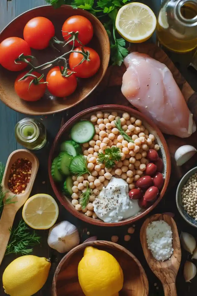 Close-up of a Mediterranean Chicken Bowl with sliced chicken breast, couscous, fresh herbs, olives, feta, and homemade tzatziki sauce. A fresh and healthy Mediterranean dinner idea.