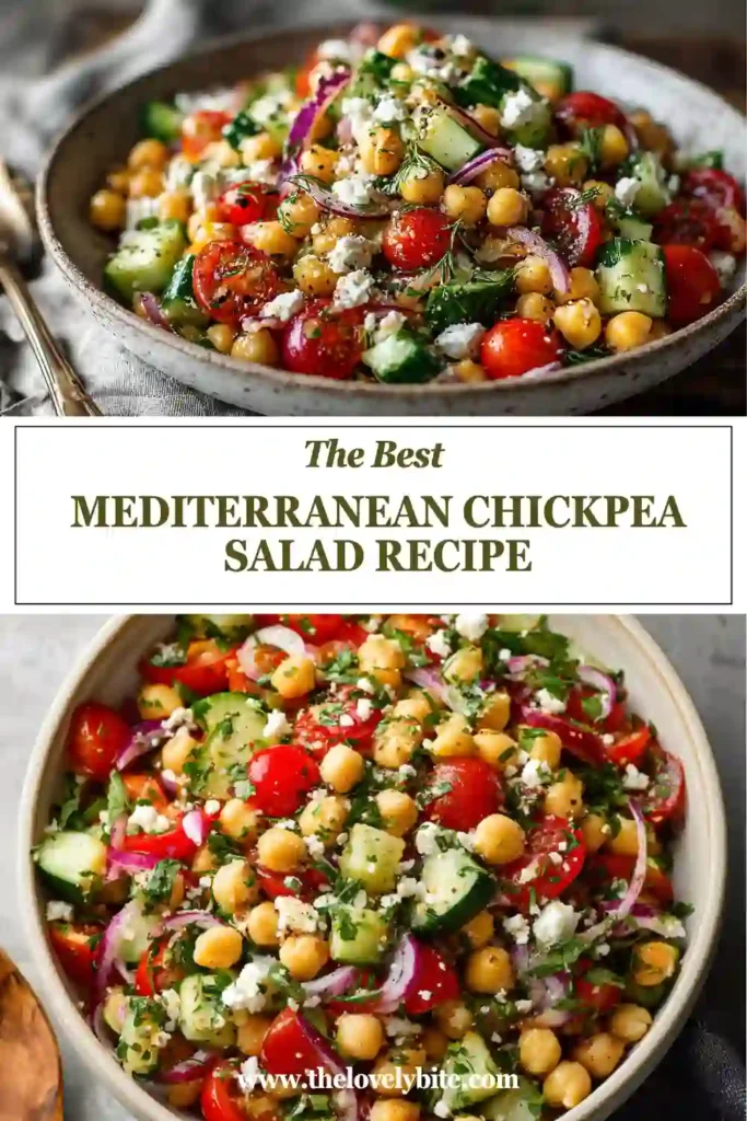 Fresh Mediterranean Chickpea Salad made with chickpeas, crisp vegetables, crumbled feta, and parsley served in a glass bowl. The vibrant salad is perfect for healthy lunches and easy meal prep.