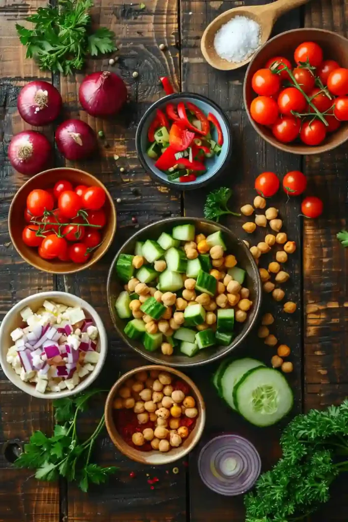 A colorful Mediterranean Chickpea Salad filled with cucumbers, cherry tomatoes, red onion, feta cheese, and parsley in a large serving bowl. This healthy Mediterranean salad is tossed with fresh lemon vinaigrette for a light and refreshing meal.