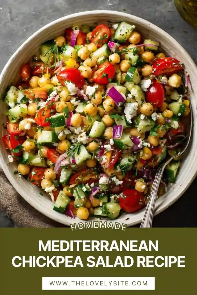 Healthy Mediterranean Chickpea Salad featuring cucumber, bell pepper, tomatoes, feta cheese, and lemon dressing. This easy vegetarian salad recipe is bright, fresh, and packed with flavor.
