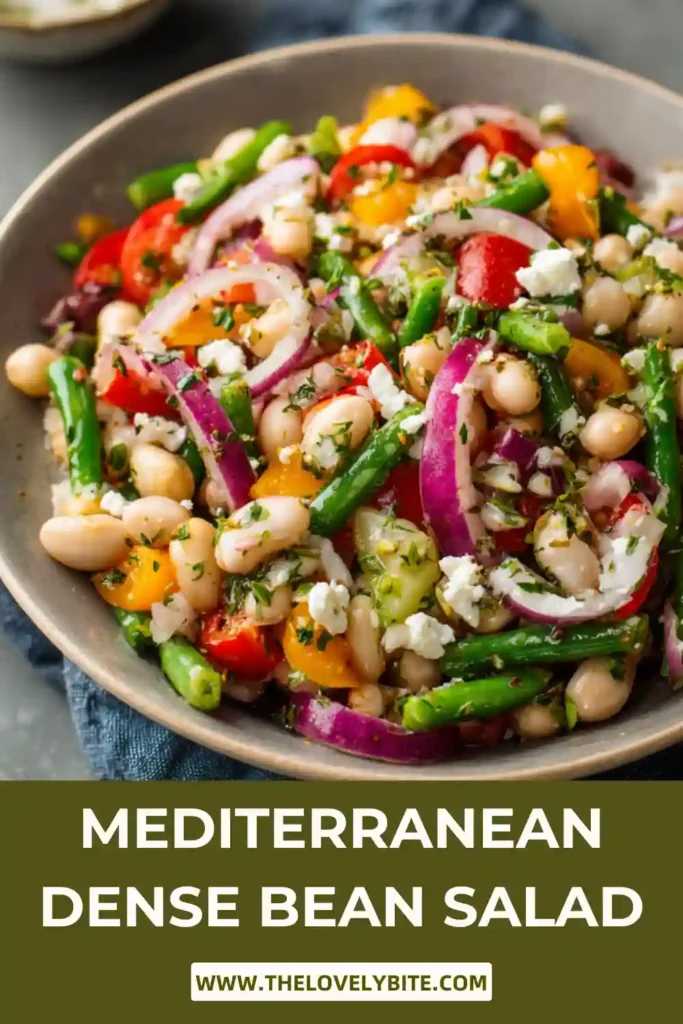 Fresh Mediterranean Dense Bean Salad made with beans, crunchy vegetables, parsley, olives, and creamy vegan feta cheese. The healthy TikTok bean salad is served in a large bowl with bright lemon dressing.