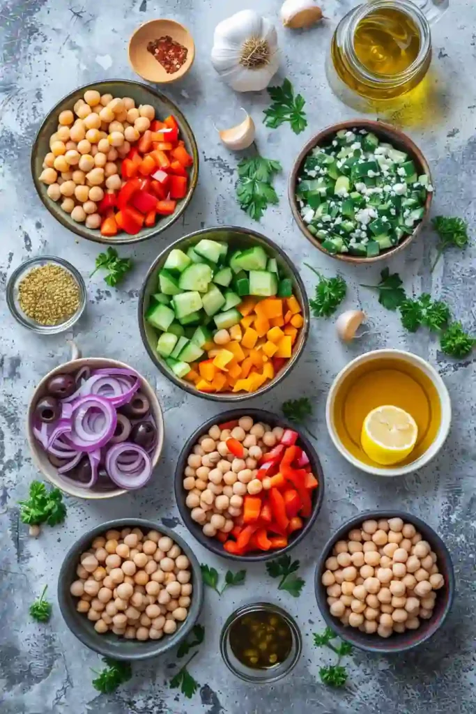 Colorful Mediterranean Dense Bean Salad with chickpeas, olives, cucumber, bell peppers, parsley, and crumbled vegan feta. This viral bean salad recipe is fresh, flavorful, and easy to prepare.