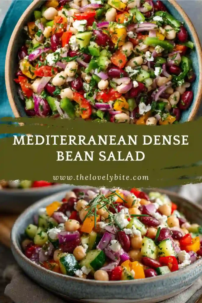 Close-up of Mediterranean Dense Bean Salad featuring garbanzo beans, navy beans, cucumbers, peppers, and herbs in a homemade Mediterranean dressing. A healthy and protein-packed vegan salad recipe.