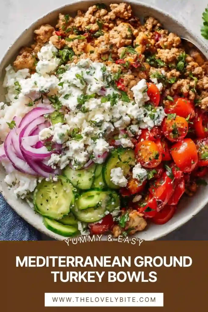 Healthy Mediterranean Ground Turkey Bowls filled with seasoned turkey, fluffy quinoa, crisp vegetables, and creamy feta cheese. This easy high-protein dinner is fresh and satisfying.
