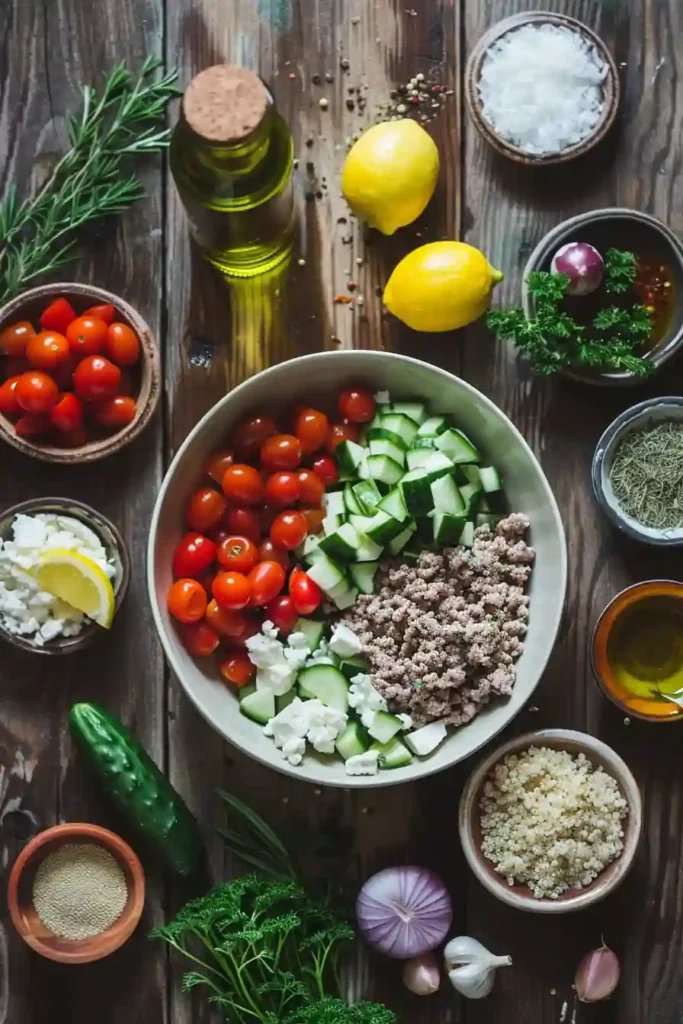 Mediterranean Ground Turkey Bowls served with quinoa, cherry tomatoes, cucumber, feta cheese, and Kalamata olives in a colorful healthy meal bowl. Fresh lemon dressing adds bright Mediterranean flavor.