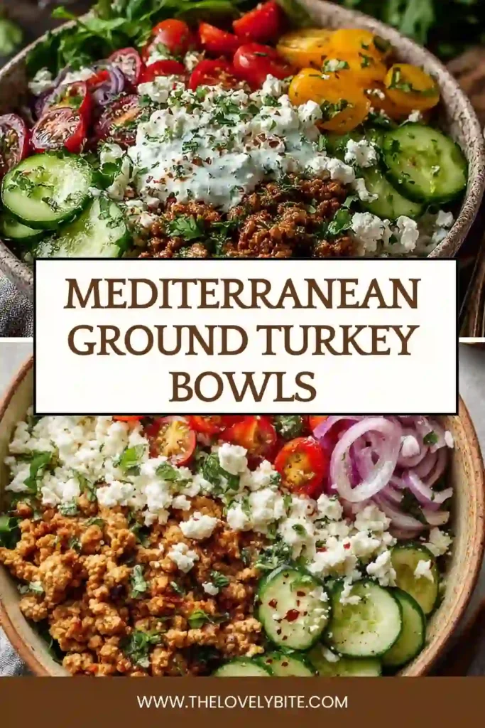 Fresh Mediterranean Ground Turkey Bowls with quinoa, seasoned turkey, feta, and vegetables arranged in serving bowls. Perfect for healthy lunch or dinner meal prep.