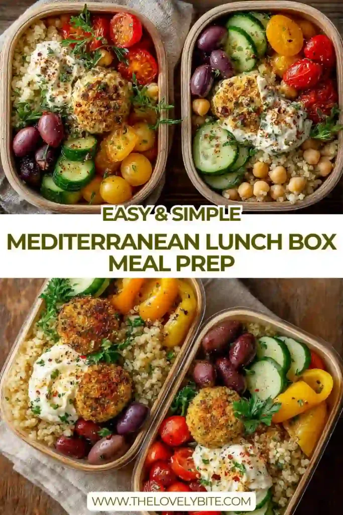 Mediterranean Lunch Box Meal Prep served with couscous, chickpeas, cucumber, tomatoes, olives, and hummus in meal prep containers. This healthy Mediterranean lunch is colorful, fresh, and perfect for easy weekday meals.