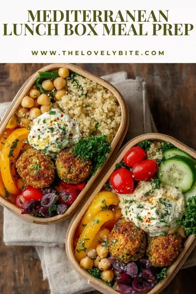 Healthy Mediterranean Lunch Box Meal Prep filled with whole wheat couscous, crunchy vegetables, hummus, and seasoned chickpeas. A balanced vegetarian lunch packed with Mediterranean flavors.
