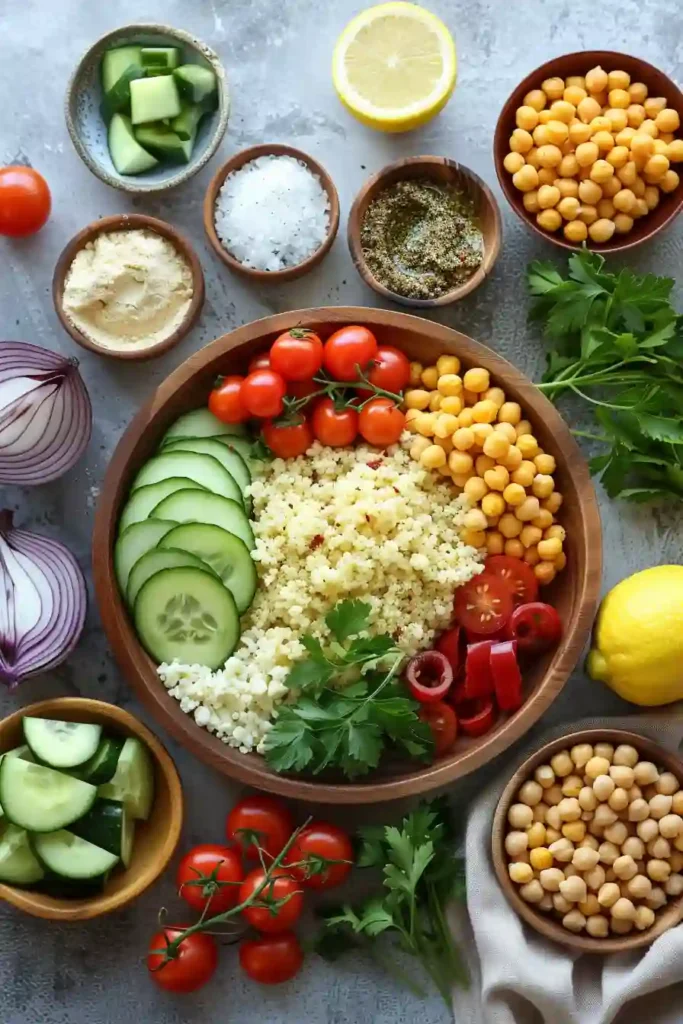 Colorful Mediterranean Lunch Box Meal Prep featuring lemon herb couscous, chickpeas, tomatoes, cucumber, and olives. A nutritious make-ahead lunch recipe with bright Mediterranean ingredients.