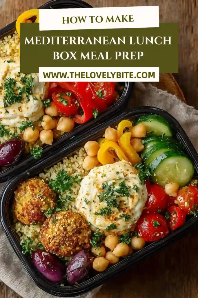 Fresh Mediterranean meal prep bowls with couscous salad, chopped vegetables, olives, and creamy hummus arranged in containers. This easy lunch recipe is ideal for healthy meal planning.