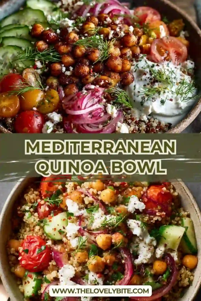 Healthy Mediterranean Quinoa Bowl topped with smoky chickpeas and garlic yogurt sauce.
