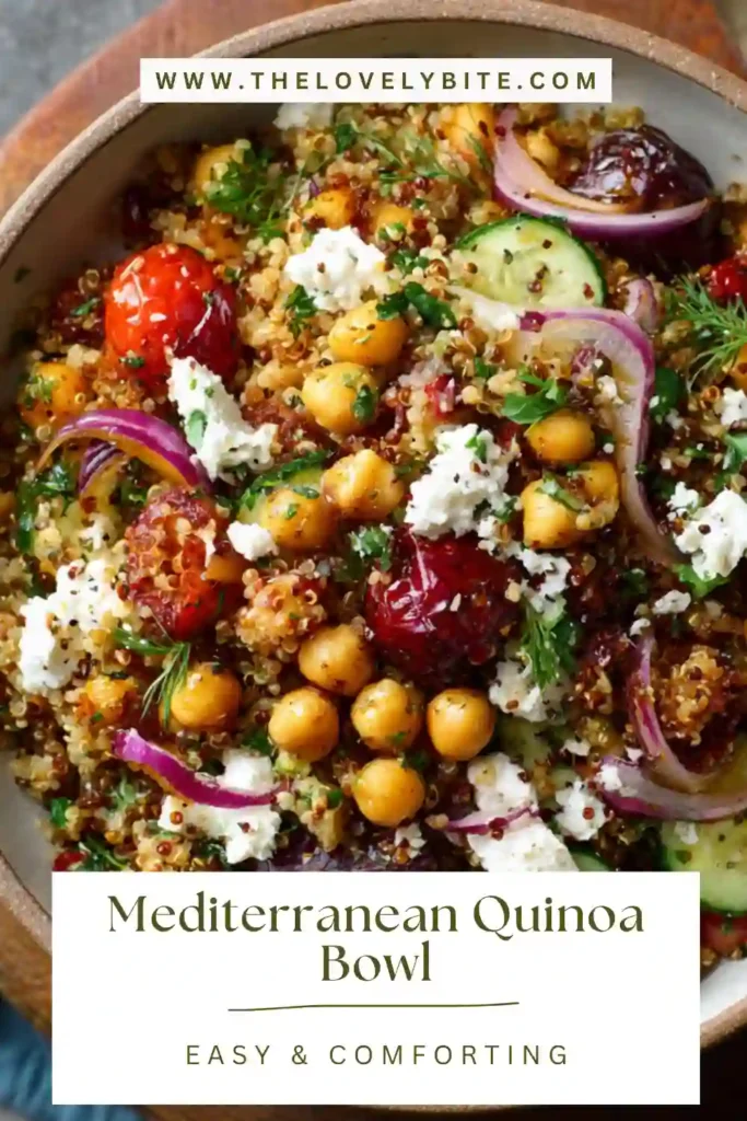 Close-up of Mediterranean Quinoa Bowl with herbs, avocado, and roasted chickpeas.