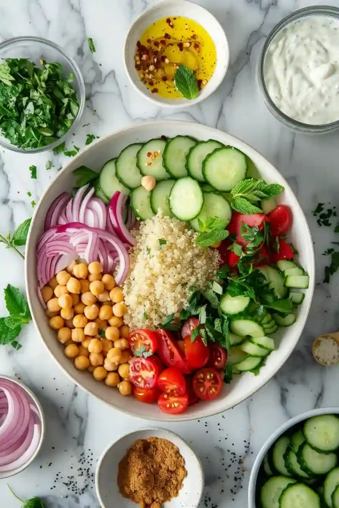 Mediterranean Quinoa Bowl with chickpeas, avocado, cucumbers, and tomatoes in a vibrant healthy meal setting.
