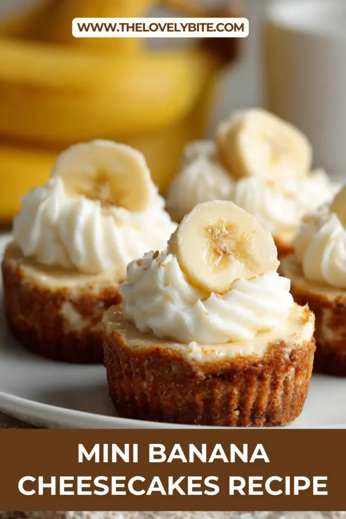 Creamy Mini Banana Cheesecakes baked in mini muffin liners and topped with homemade whipped cream. This easy banana dessert is perfect for parties and celebrations.