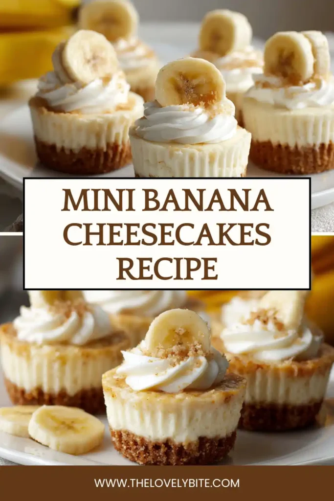 Close-up view of Mini Banana Cheesecakes with smooth banana cream cheese filling and graham cracker crust. A delicious bite size cheesecake dessert for any occasion.