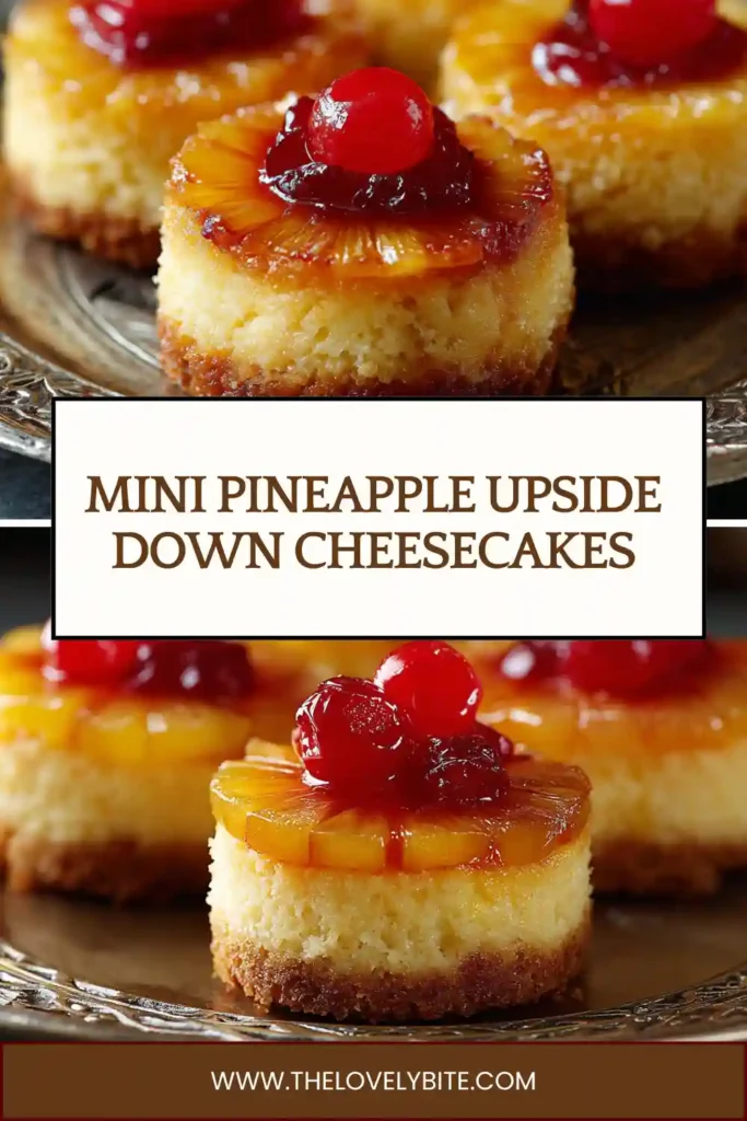 Close-up of Mini Pineapple Upside Down Cheesecakes with whipped cream and pineapple topping. The cheesecakes have a rich creamy texture and golden graham cracker crust.