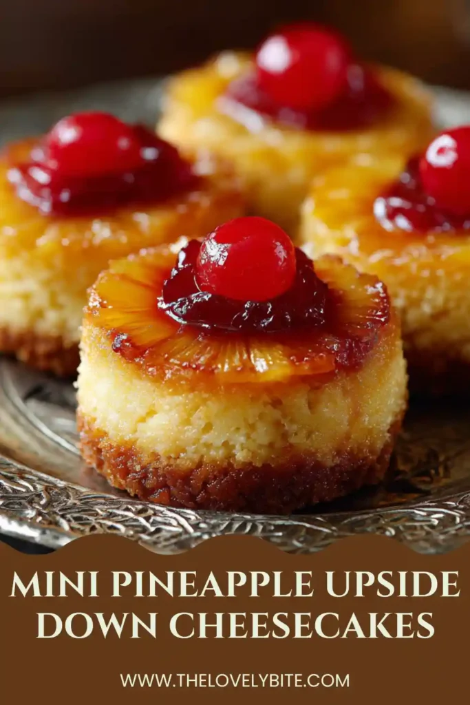 Homemade Mini Pineapple Upside Down Cheesecakes arranged on a serving tray with caramel drizzle. These tropical mini desserts are creamy, sweet, and perfect for parties.