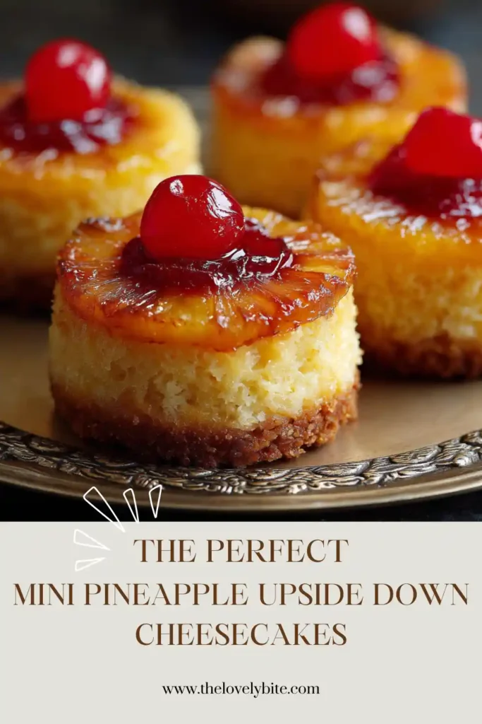 Individual Mini Pineapple Upside Down Cheesecakes with caramel sauce and pineapple chunks. The dessert combines rich cheesecake filling with tropical fruit flavors.